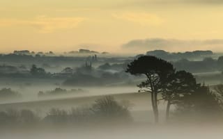 Картинка рассвет, Cornwall, Корнуолл, небо, дома, Англия, England, деревья, туман