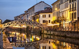 Картинка Milan, дома, вода, Италия, отражение, огни, вечер, мост, канал