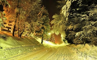 Картинка фонари, снег, деревья, зима, дорога