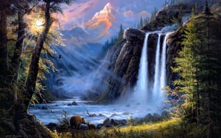 Картинка Jesse Barnes, водопад, река, пейзаж, горы, медведи, лес, арт