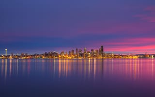 Картинка lights, USA, United States, sunrise, skyline, night, reflection, Space Needle
