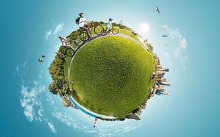 Картинка шар, трава, велосипедисты, панорама