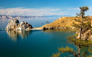 Картинка Baikal, озеро, коса, камни, горизонт, дерево, берег, утес, Россия, Байкал