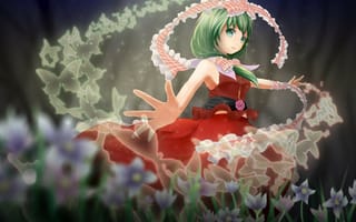 Обои зеленые волосы, цветы, красное платье, Kagiyama Hina, девушка, touhou, ленты