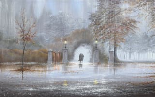 Картинка картина, двое, Jeff Rowland, фонари, арка, парк, осень, дождь