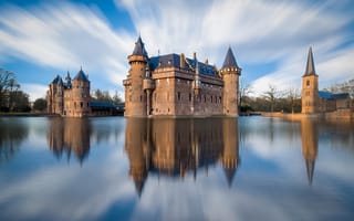 Картинка отражение, река, Нидерланды, Де Хаар, Утрехт, замок, небо, город, облака