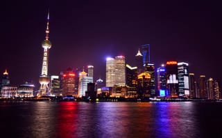 Картинка China, Китай, река, набережная, Shanghai, ночной город, небоскребы, отражение, огни, подсветка, Шанхай, мегаполис