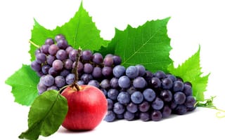 Картинка виноград, яблоко, apple, листья, белый фон, гроздь, grapes, ягода