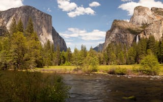 Картинка парк, Йосемити, водопад, речка, скалы, Калифорния, США, деревья, горы