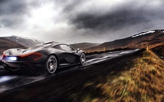 Картинка McLaren, Supercar, Rear, Fire, Clouds, Rain, Exhaust, Road, Black