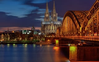 Обои свет, город, Кёльн, Германия, огни, мост, вечер, Кёльнский собор, выдержка