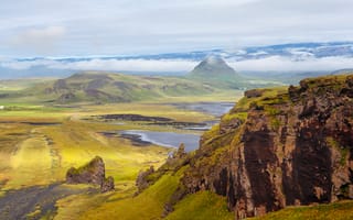 Картинка Исландия, цветы, небо, облака, скалы, трава, горы, склоны