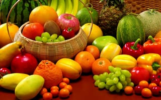 Картинка ананас, фрукты, дыни, крзинка, кумкваты, гранат, натюрморт, арбуз, виноград, помидоры, овощи, мандарины, паприка, бананы