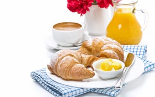 Обои cup, масло, кофе, croissant, butter, сок, coffee, breakfast, круассаны, завтрак, juice
