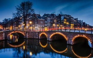 Картинка мост, канал, Амстердам, дома, Нидерланды, огни, выдержка, вечер