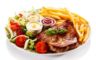 Картинка meat, sauce, кетчуп, steak, помидоры, соус, стейк, картофель, мясо, tomato