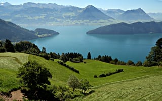 Картинка поля, озеро, луга, Lake Lucerne, горы, Швейцария