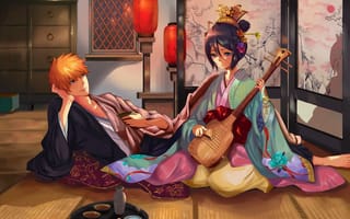 Картинка арт, ширма, музыкальный инструмент, muza4370, парень, kurosaki ichigo, кимоно, фонарики, bleach, kuchiki rukia, девушка