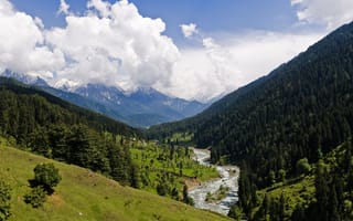 Картинка горы, река, Kashmir, pahalgam valley, долина, Индия