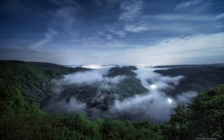 Картинка туман, река, звезды, Саар, весна, Saarschleife, ночь, Германия
