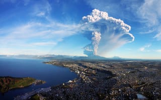 Картинка вулкан, извержение, Chile, Calbuco Volcan, город, панорама, Puerto Montt