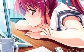 Картинка красные волосы, усталость, Девушка, компьютер