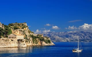 Картинка море, берег, корфу, яхта