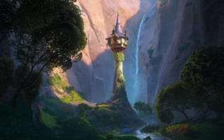 Картинка цветы, Tangled, Rapunzel, деревья, шпиль, горы, башня, Запутанная история, Принцесса Рапунцель, замок, долина