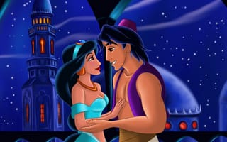 Картинка Aladdin, fairytale, мультфильм, movie, принцесса, балкон, Walt Disney, arabian night, Аладдин, Восток, сказка, фанарт, Вместе навсегда, princess, минарет, Уолт Дисней, fanart, Jasmine, animated film, Together forever, love story, любовь, арка, Багдад, арабская ночь, окно, Жасмин