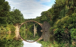 Картинка отражение, арка, Чертов Мост, Германия, вода, деревья, Габленц, Rakotzbrücke, Саксония, мост, каменный, озеро