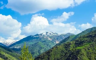 Картинка зелень, небо, облака, снег, тучи, природа, пейзаж, горы
