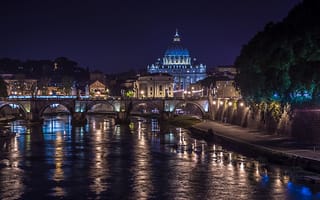 Картинка ночь, собор Святого Петра, мост, Рим, Тибр, Италия, огни, река