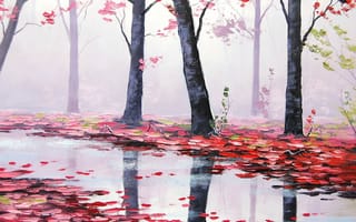 Обои арт, речка, природа, artsaus, листья, красные, река, осень, деревья