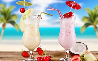 Картинка cocktail, коктейль, fruits, summer, melon, cherries, cocktails, glasses, лето, strawberries, food, coconut