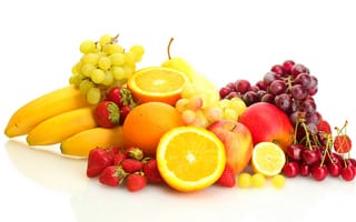 Обои фрукты, бананы, pear, cherry, черешня, lemon, апельсины, grapes, лимон, bananas, яблоки, apples, berries, груша, виноград, oranges, клубника, белый фон, ягоды, strawberry, fruits