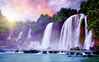 Картинка красивое, облака, тропики, небо, рай, яркон, Beautiful waterfall, водопад, солнце