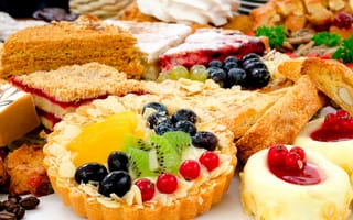 Картинка пирожное, ягоды, киви, десерт, фрукты, торты, тарталетка, сладкое, выпечка, виноград, смородина