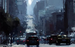 Картинка дорога, машины, midday on bush street, светофор, jeremy mann, улица, город, полдень