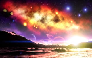 Картинка фантастика, горы, space, stars, космос, sky, mountain, planets, планеты, звезды, небо