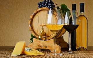 Картинка бутылки, белое, кран, вино, бокалы, сыр, красное, бочонок, виноград