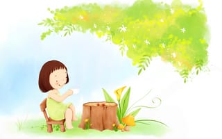 Картинка детские, платье, грибы, пенёк, дерево, цветы, улыбка, чай, девочка, листва, чаепитие