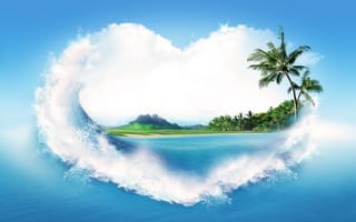 Картинка креатив, море, брызги, сердце, пальмы, песок, берег, вода