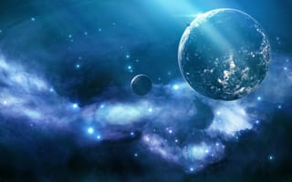 Картинка планеты, unknown planet, Blue nebula, звёзды, космос, туманность, сияние