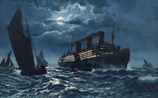 Картинка море, волны, ночь, корабль, маринист, adolf bock