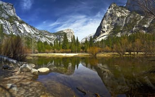 Картинка отражение, озеро, деревья, Сьерра-Невада, Yosemite National Park, лес, Йосемити, Mirror Lake, Национальный парк Йосемити, Калифорния, горы, Sierra Nevada, California