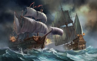 Картинка арт, корабли, шторм, парусник, море, битва, волны, бой