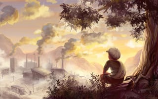 Картинка арт, дым, мальчик, настроение, дерево, завод, постройки, рисунок