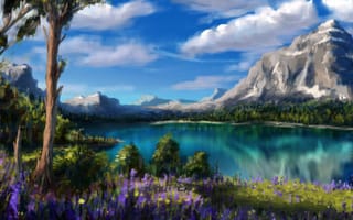 Обои арт, природа, озеро, цветы, горы, облака, деревья