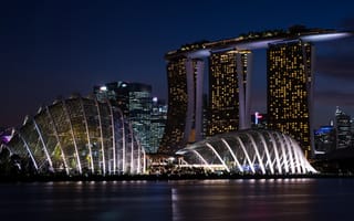Картинка сооружение, огни, набережная, здания, Сингапур, Marina Bay Sands, ночь, река
