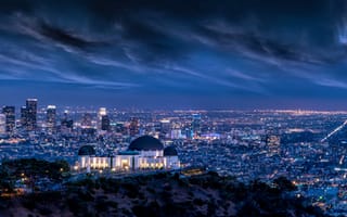 Картинка Architecture, Griffith Observatory, Lightning, Cityscape, L.A, Clouds, Long, Exposure, Sky, Night, Lights, Los Angeles